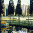 Tranquil landscape: garden with tall trees, colorful flowers, and reflective pond.