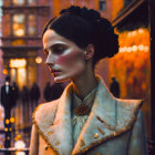 Elegant woman portrait with vintage jacket on city street at dusk