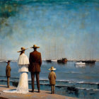 Vintage Attired Family Observing Harbor with Sailboats