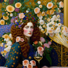 Portrait of woman with red curly hair in blue dress among roses and greenery