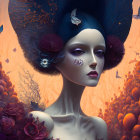 Surreal portrait of a woman with elaborate headdress, floral elements, butterflies