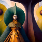 Surreal portrait of a woman in golden dress among stylized flora