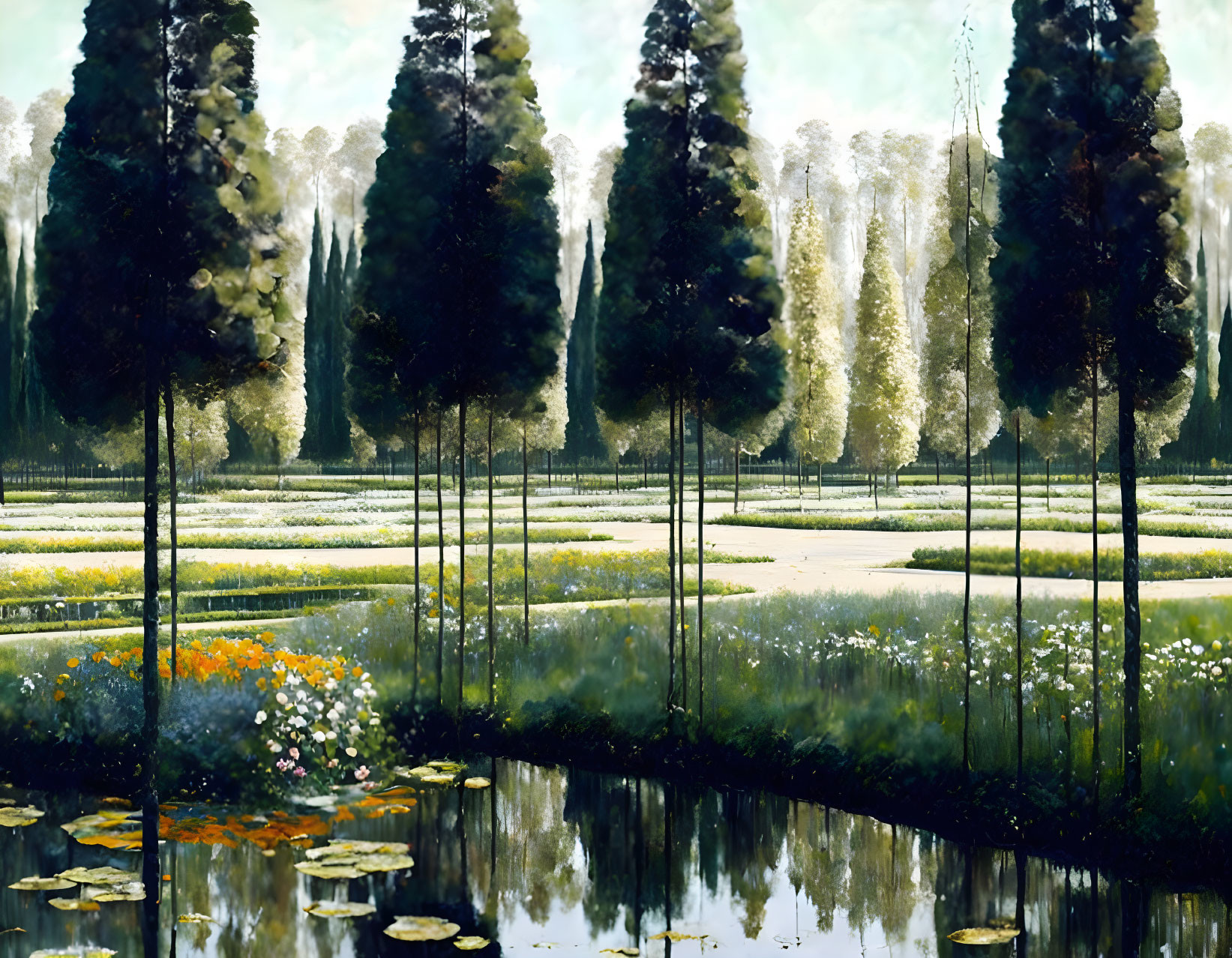 Tranquil landscape: garden with tall trees, colorful flowers, and reflective pond.