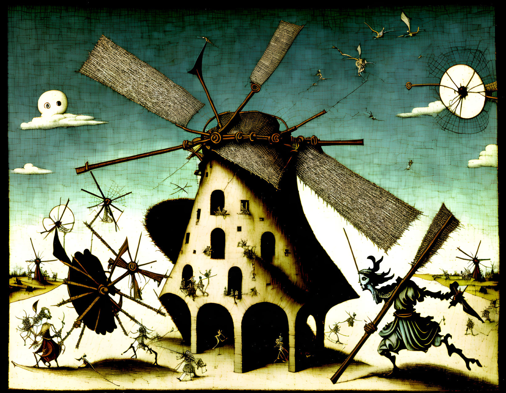 Whimsical painting of large windmill with fantastical flying figures under blue sky