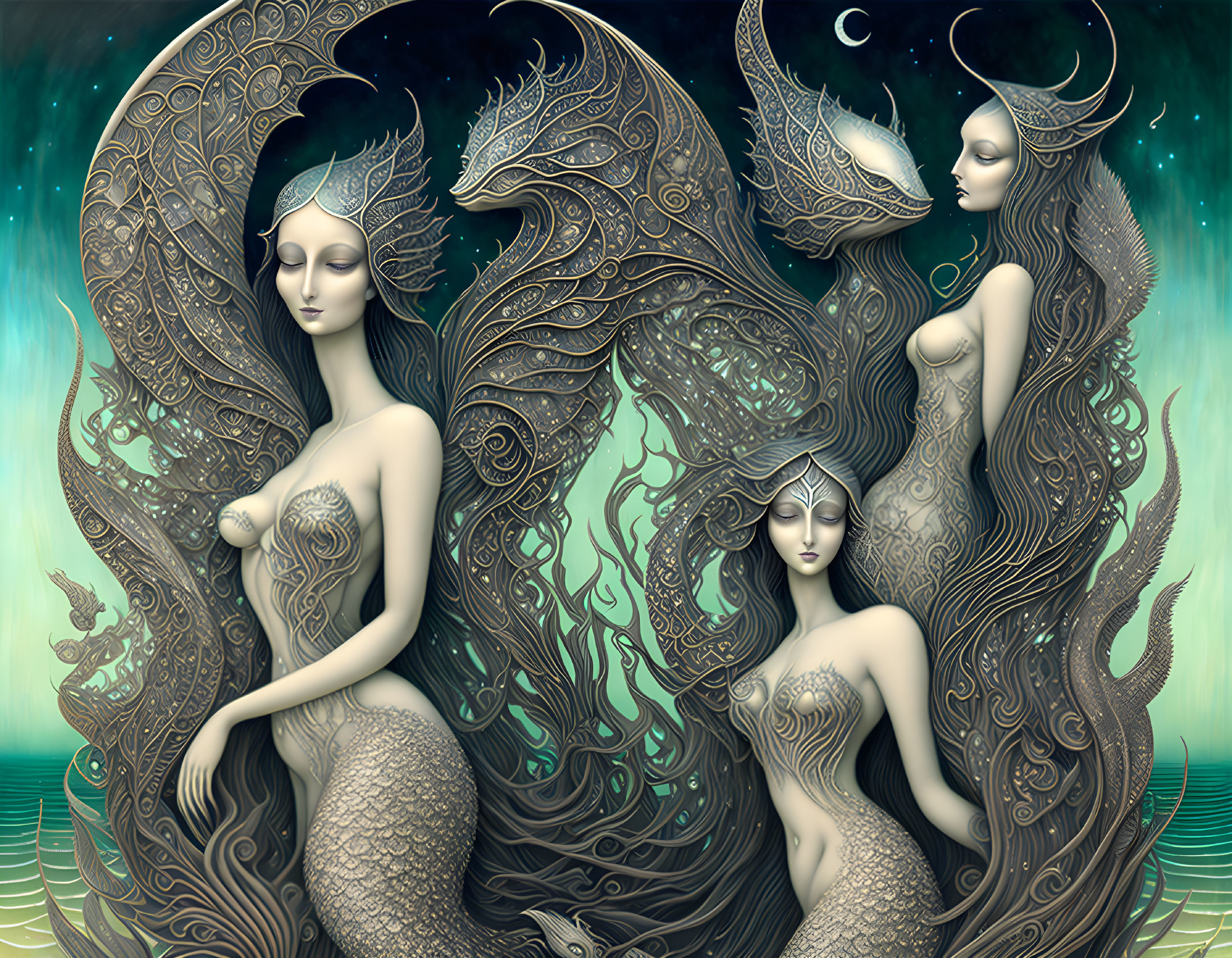 Three ethereal women with dragon-like wings in celestial setting