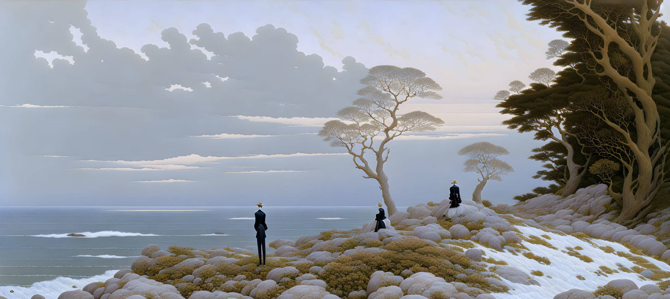 Three figures on rocky outcrop by calm sea with intricate trees and bushes.