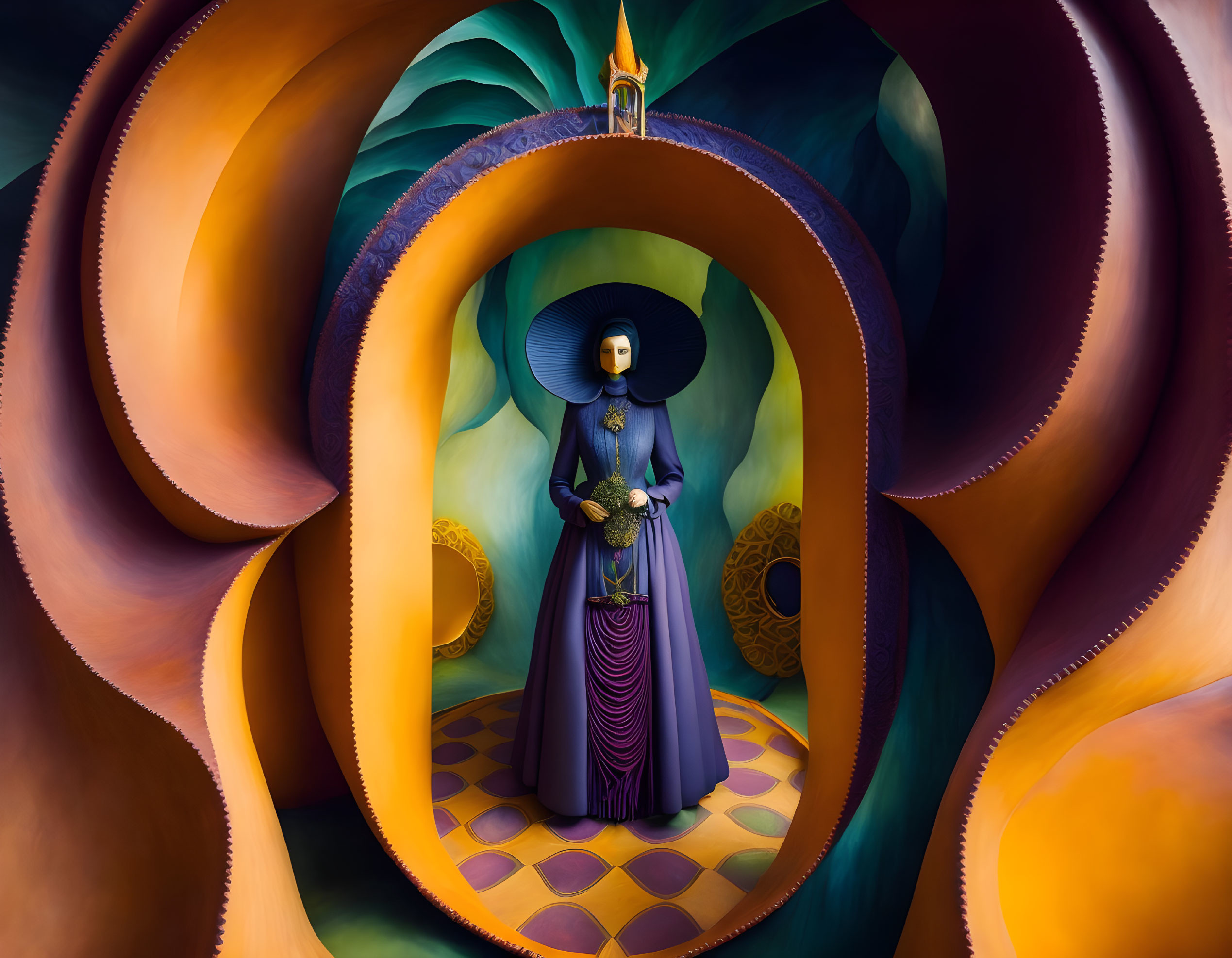 Surreal portrait of person in purple dress with conical hat holding green plant surrounded by orange and