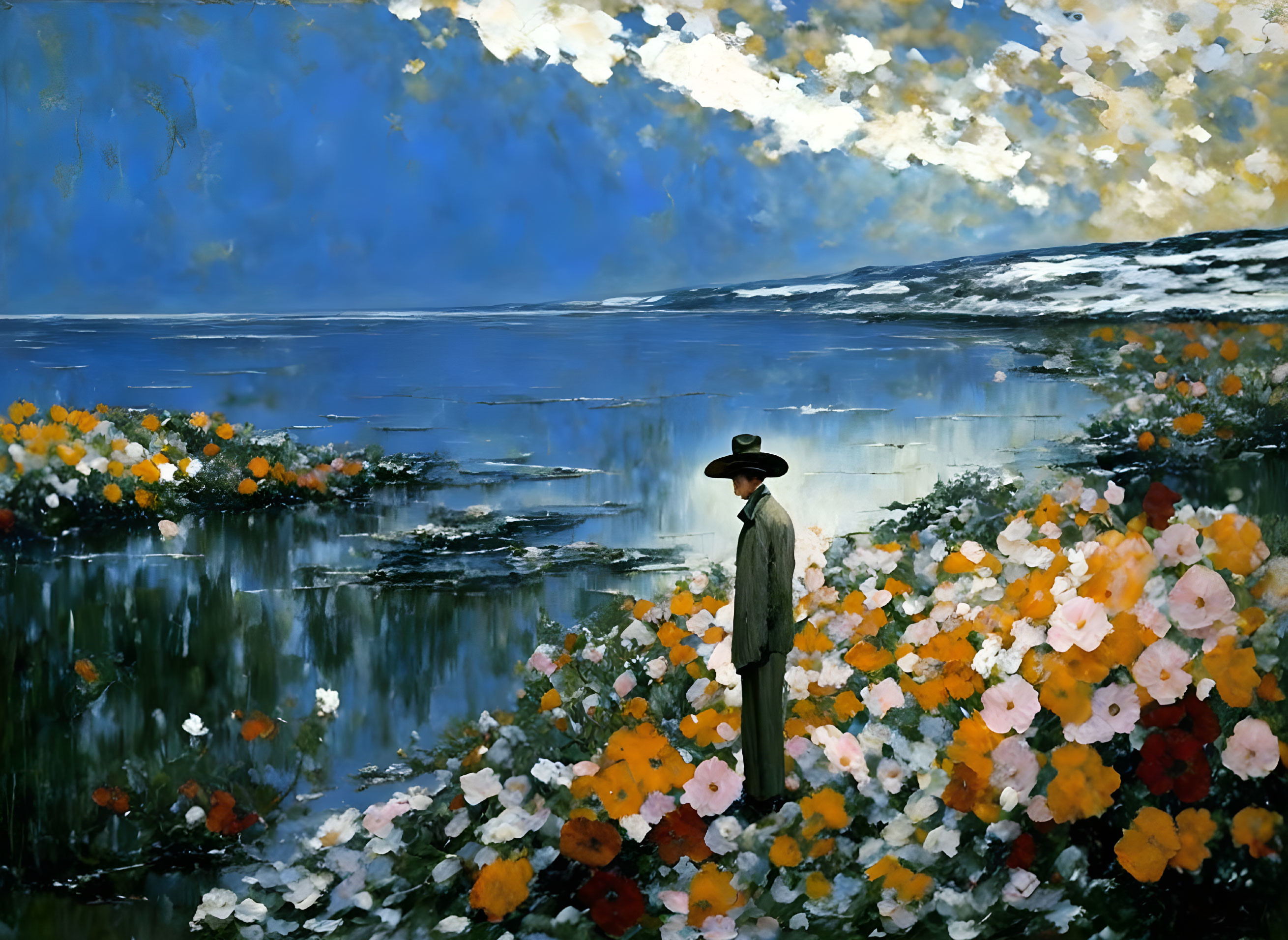 Person in long coat and hat surrounded by vibrant flowers near blue water and cloudy sky