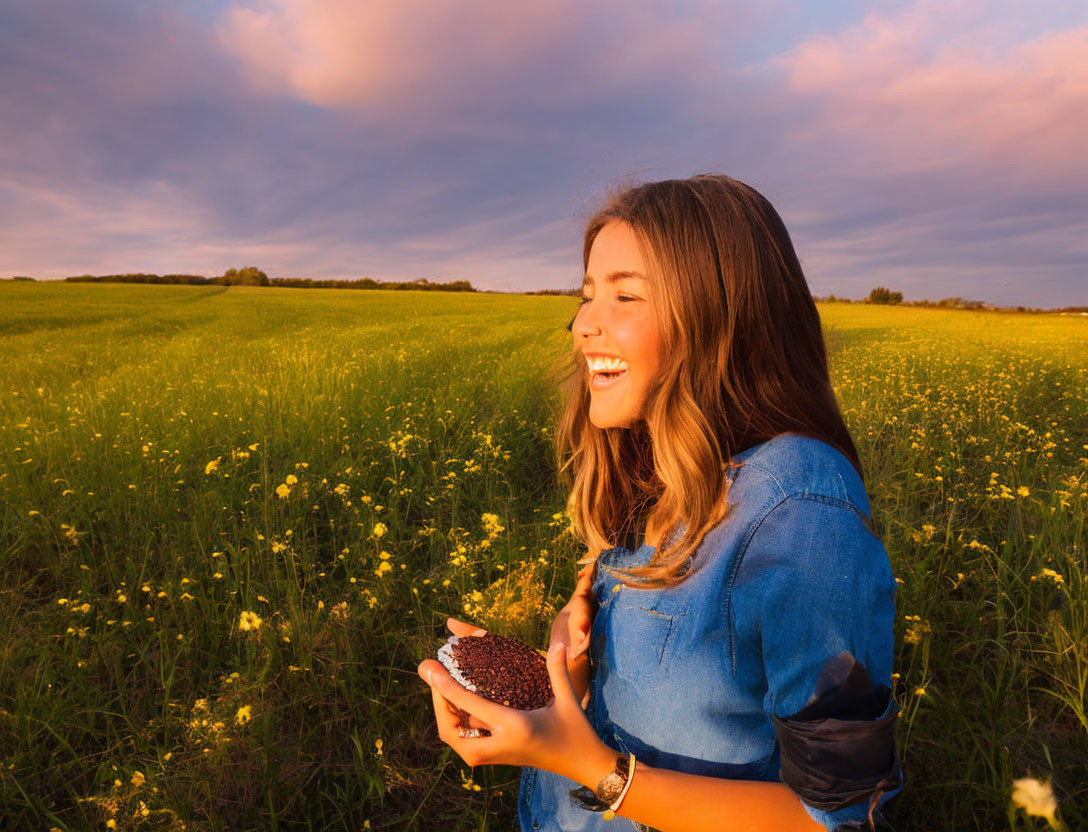 Woman in denim jacket holding pomegranate in blooming meadow at sunset