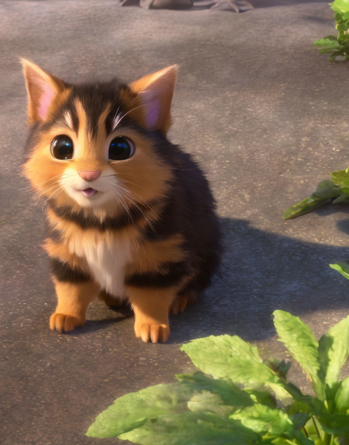 Adorable animated kitten with big eyes and striped fur in nature setting