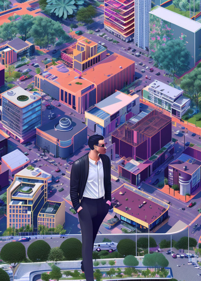 Stylized illustration of man in black jacket overlooking vibrant cityscape