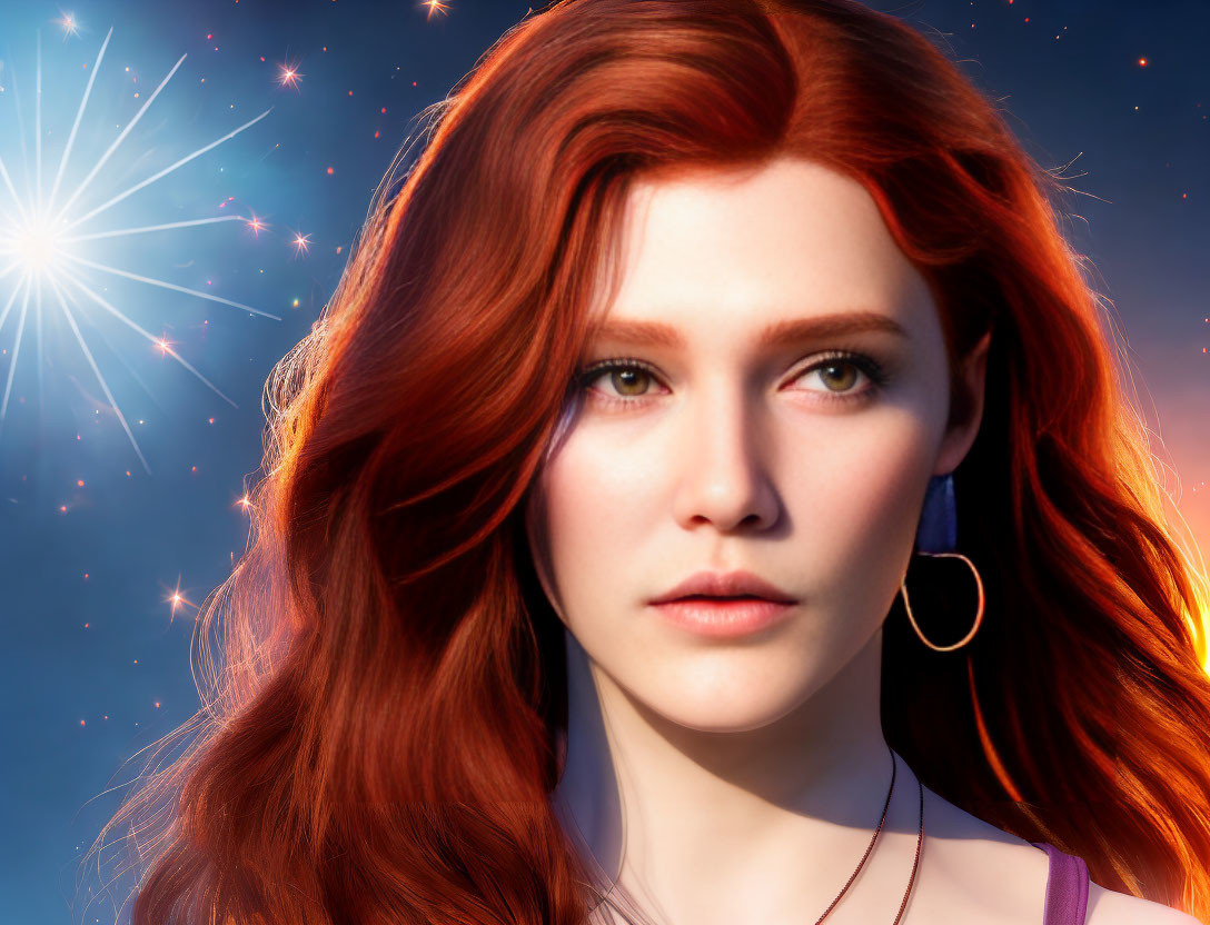 Digital portrait of woman with red hair and green eyes in cosmic setting