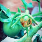 Colorful one-eyed creature with green spiky hair blending in tropical foliage