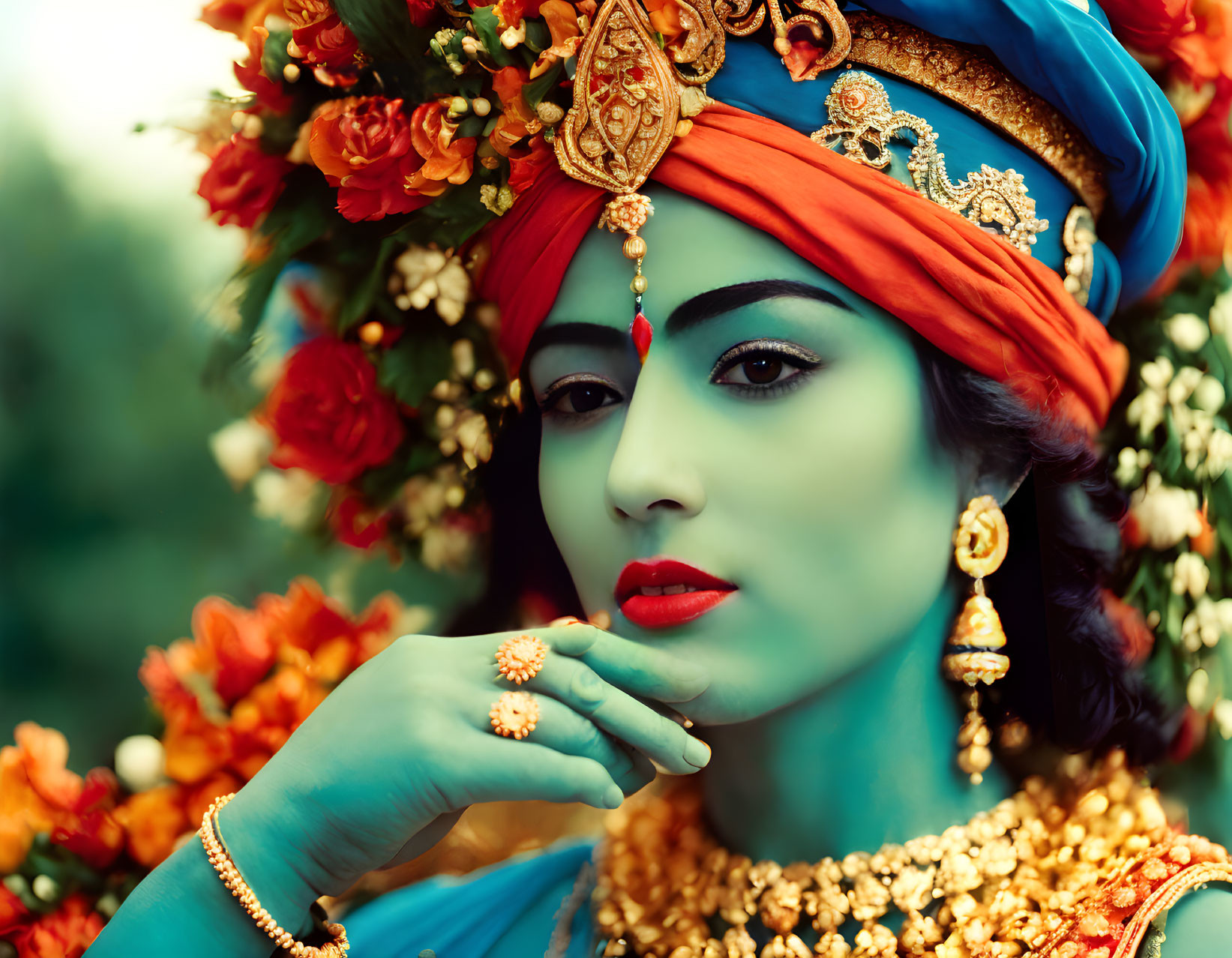 Traditional attire woman with floral headpiece and jewelry in elegant pose