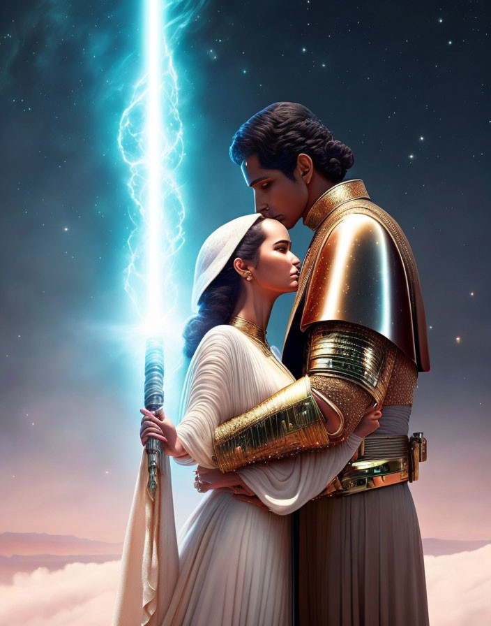 Illustration of two embracing figures with lightsaber in cosmic setting