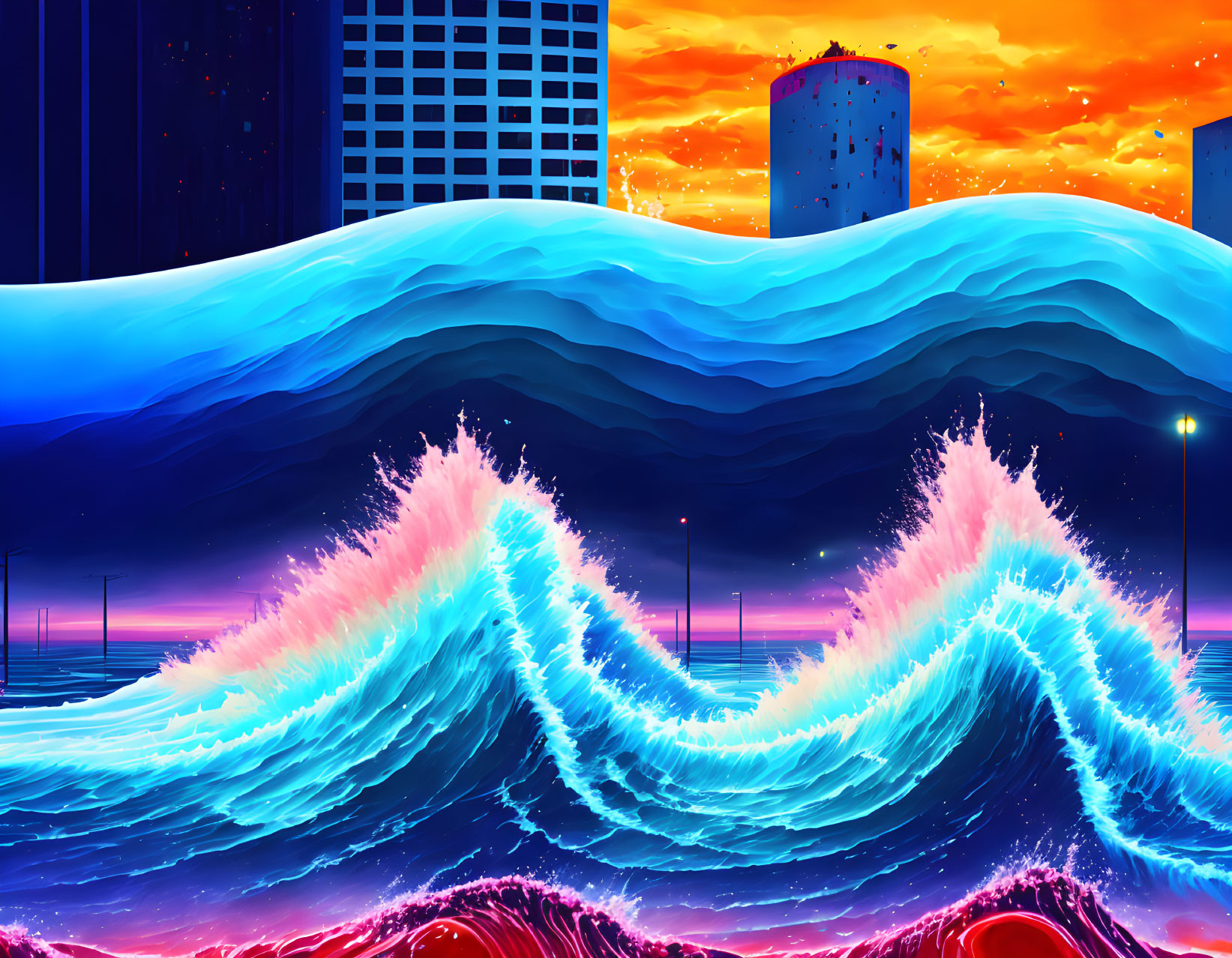 Colorful cityscape digital illustration with towering blue waves under orange sunset sky