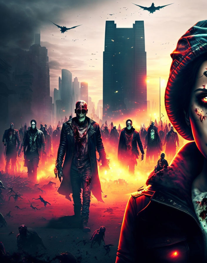 Post-apocalyptic zombie scene with masked figure, red ruined cityscape, and ominous sky.