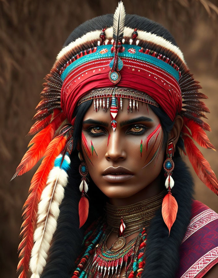 Person with detailed feather headdress and face paint in Native American theme