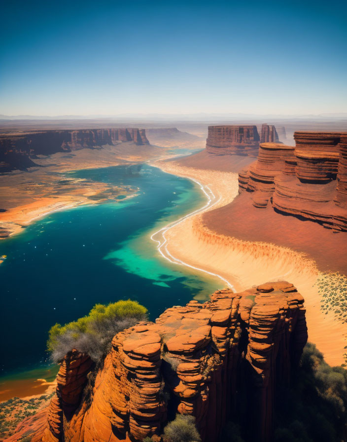 Meandering River in Desert Canyon with Red Sandstone Cliffs