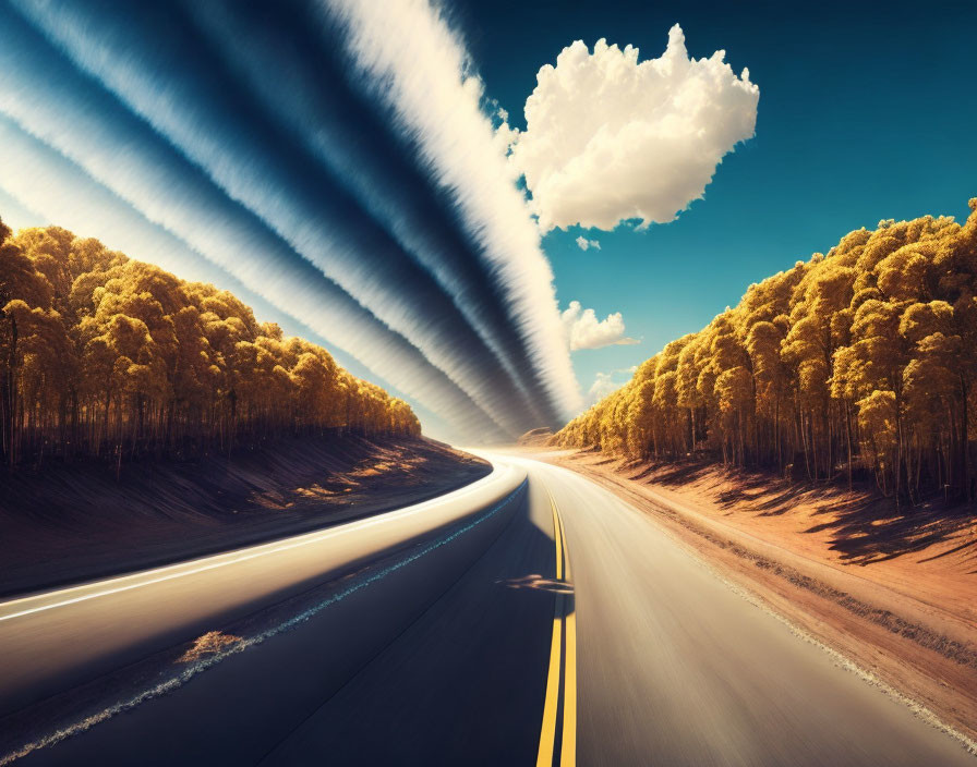 Scenic curved road in autumn forest under dramatic sky