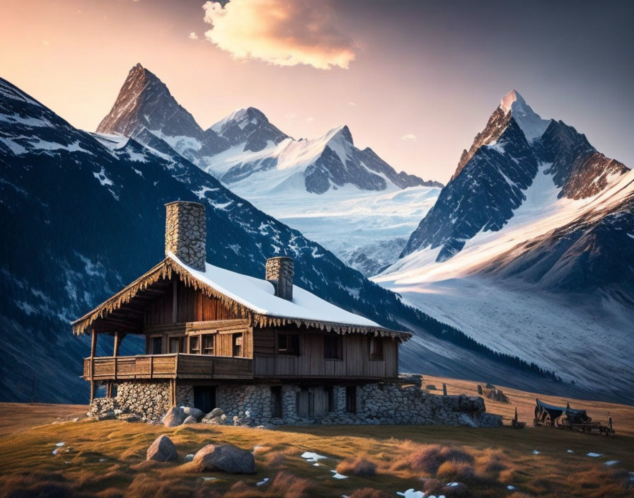 Stone foundation rustic cabin in snowy mountain landscape at sunset