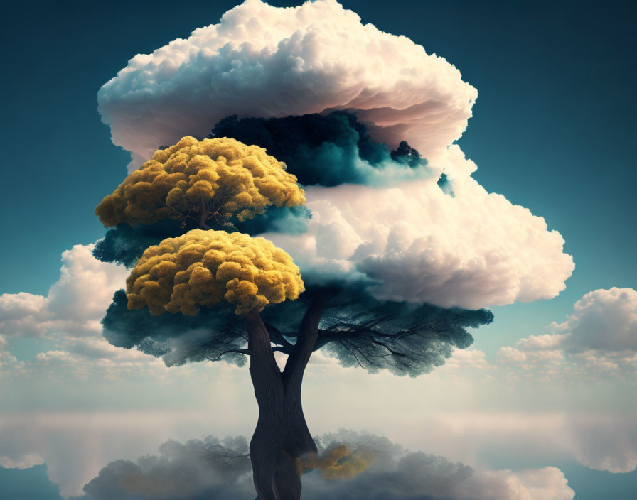 Surreal image of tree with cloud crown and roots reflecting on tranquil surface