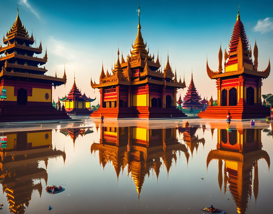 Sunset view of traditional Burmese pagodas with golden spires and symmetrical architecture reflecting