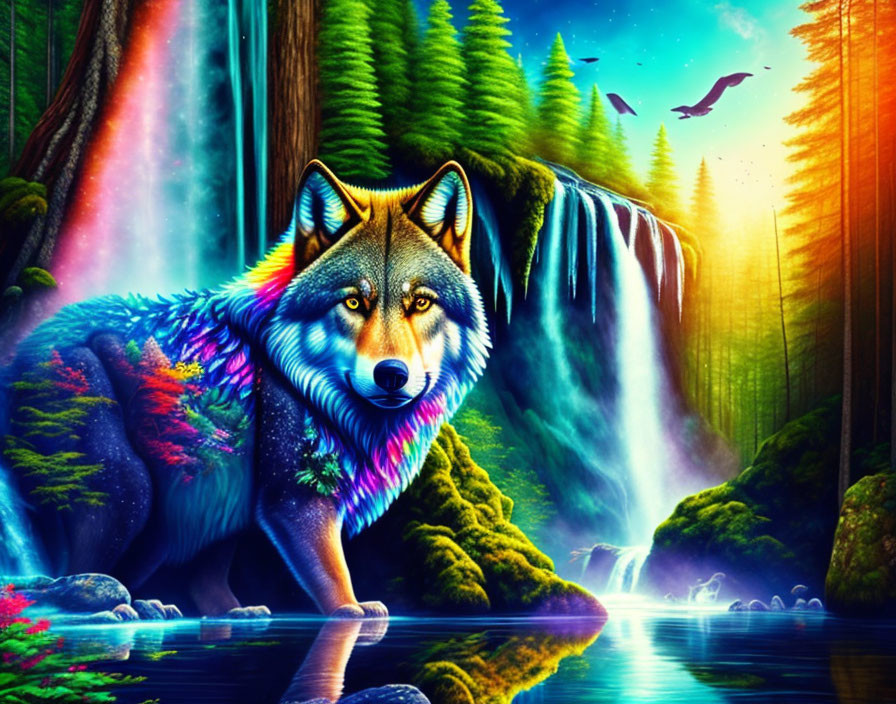 Colorful Wolf Illustration with Psychedelic Fur, Waterfall, Forest, and Eagle