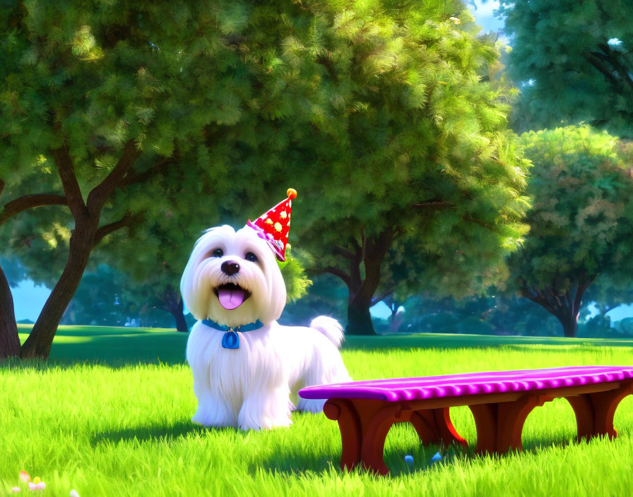 White Fluffy Dog in Red Party Hat on Grass with Trees and Bench