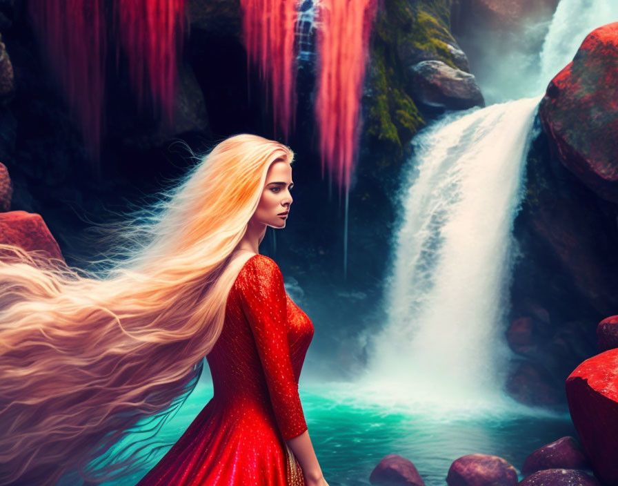 Blonde woman in red dress by pink waterfall and misty rocks