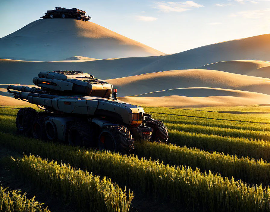 Futuristic tank in golden wheat field with sand dunes and parked vehicle