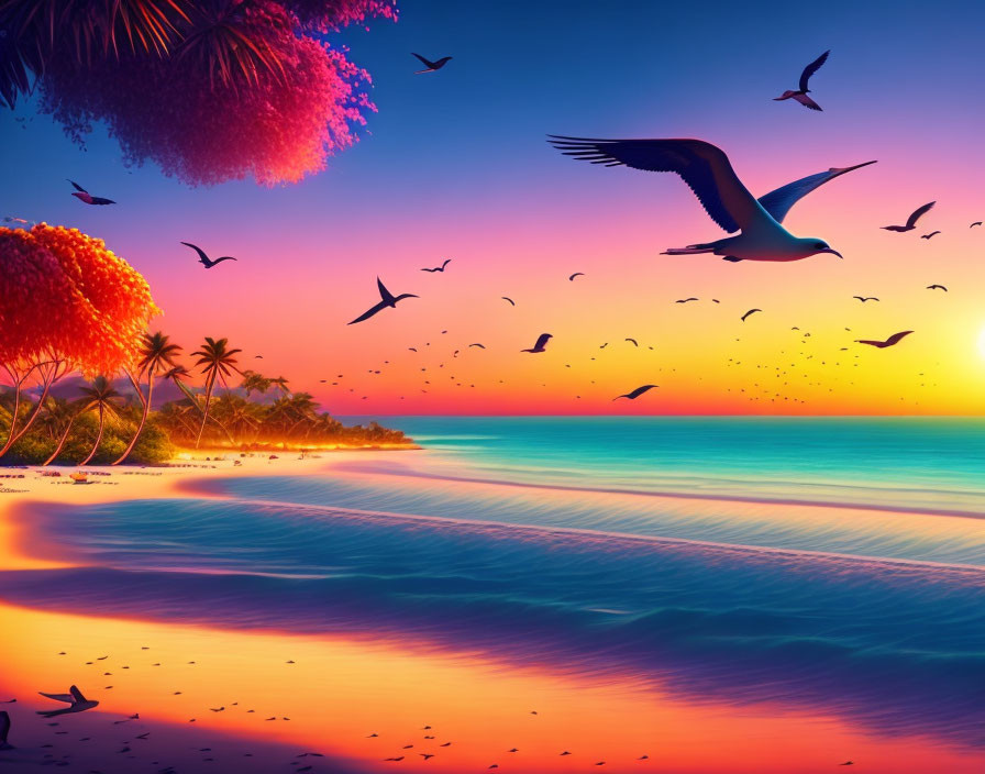 Colorful Sunset Beach Scene with Birds, Calm Waters, and Tropical Foliage