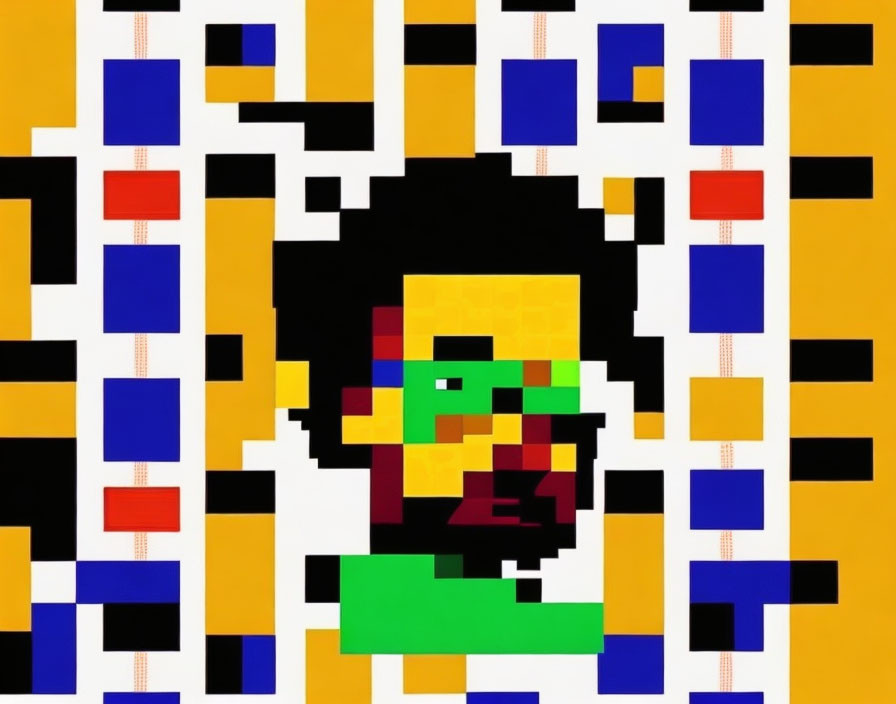 Colorful Pixel Art Style QR Code Featuring Person's Face surrounded by Black and White Squares and Col