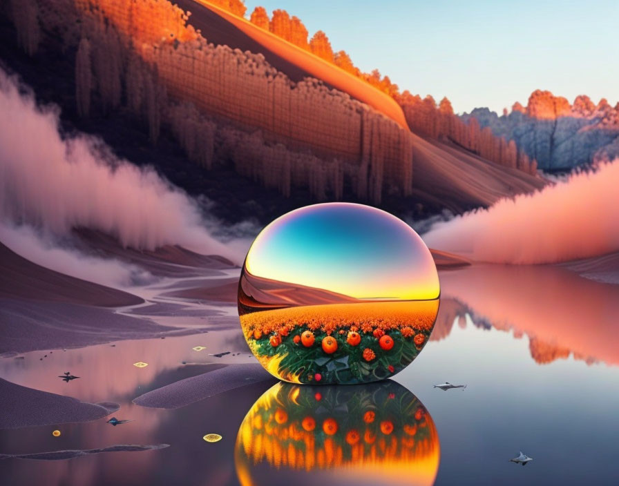 Tranquil landscape with reflective water, sunflower field in crystal ball, misty hills, forest