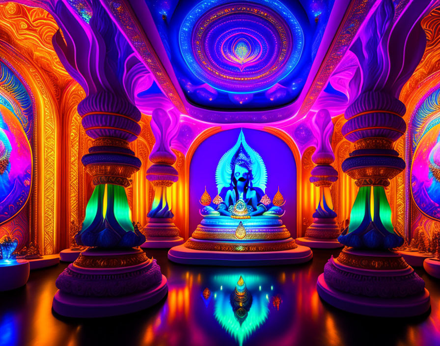 Colorful deity with multiple arms in lotus position amid glowing pillars