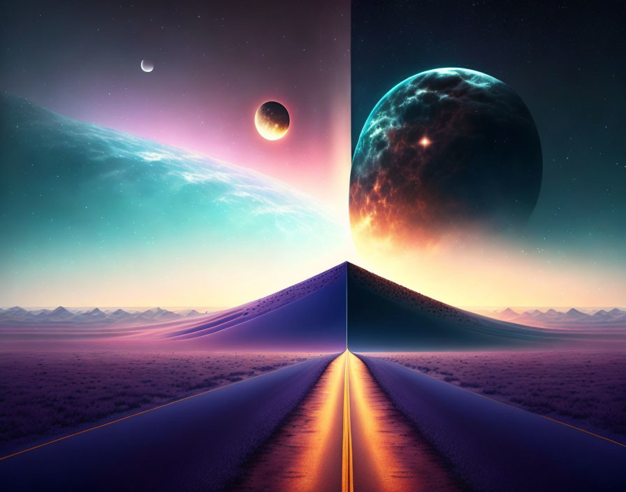 Surreal landscape with straight road, cosmic sky, planets, moon, twilight gradient