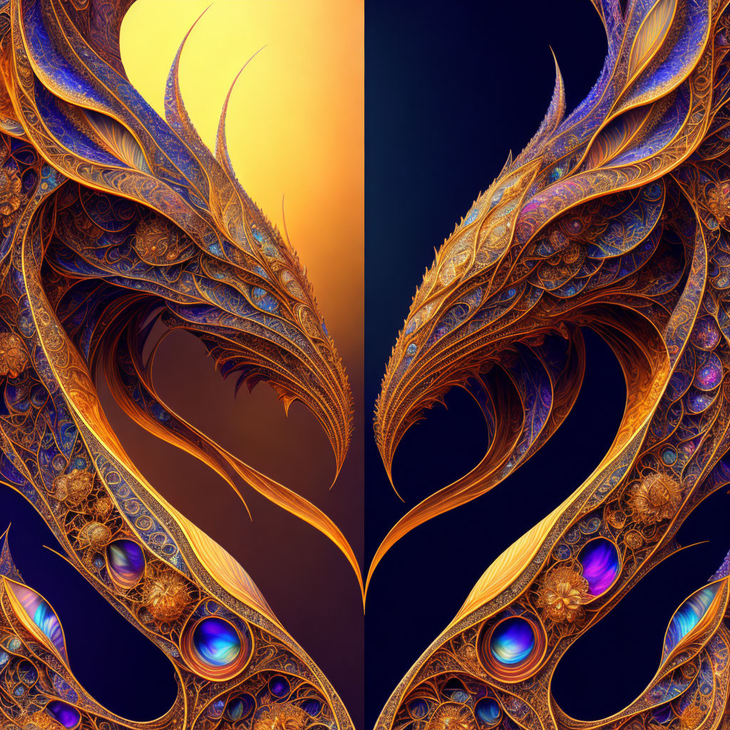 Symmetrical fractal image of golden dragon on blue and orange background