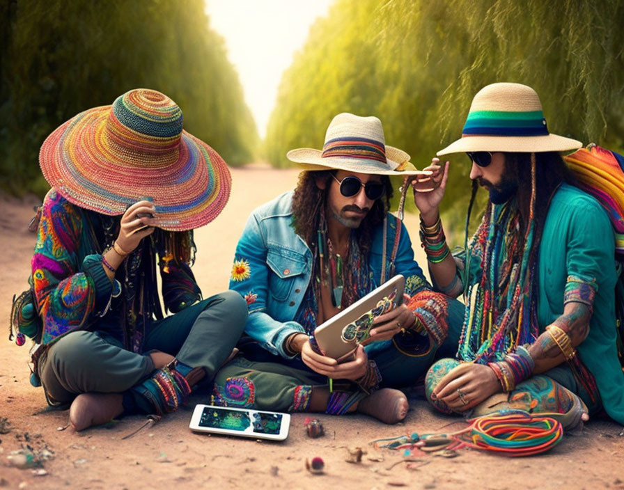 Three people in bohemian clothing with large hats playing guitar and using a smartphone in a natural setting