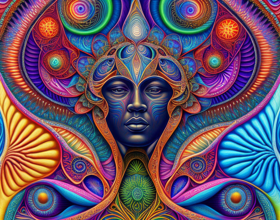 Colorful Psychedelic Artwork: Blue Face with Vibrant Patterns