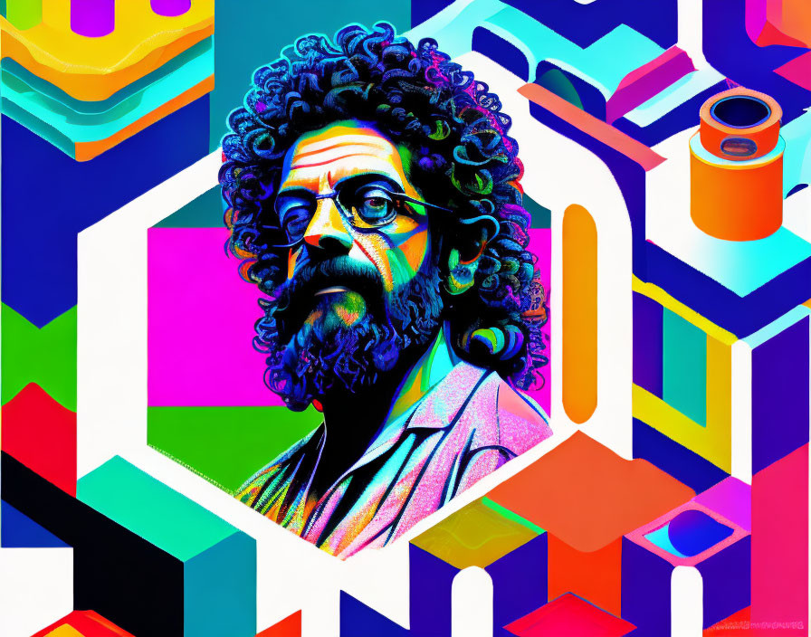 Vibrant abstract portrait with curly hair and glasses in geometric setting