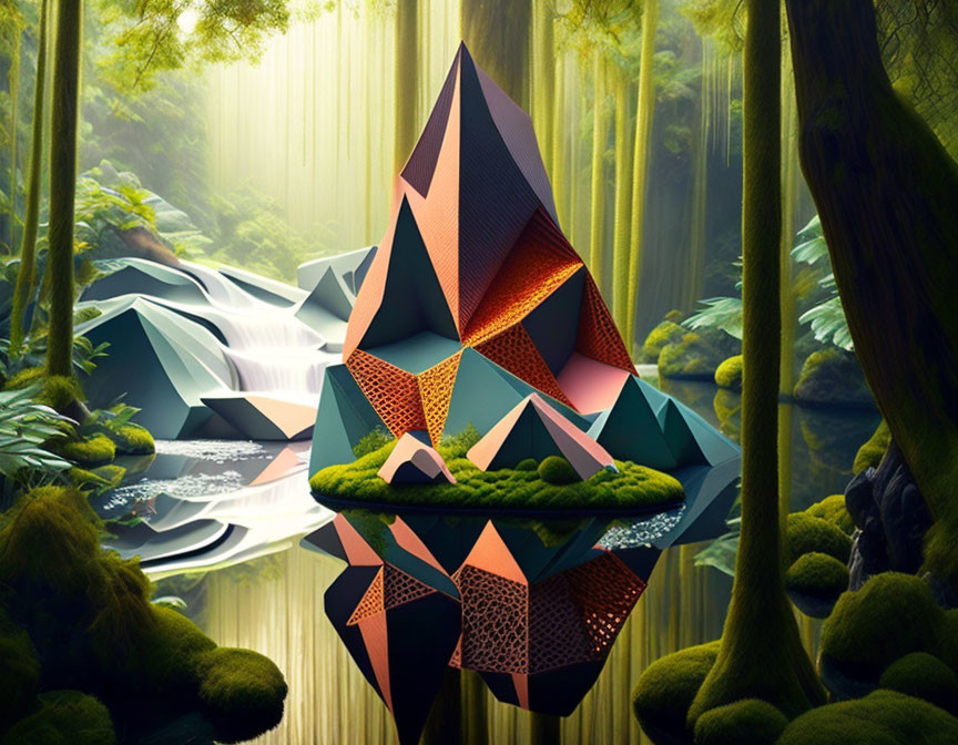 Surreal image of geometric, multi-colored mountain above calm river