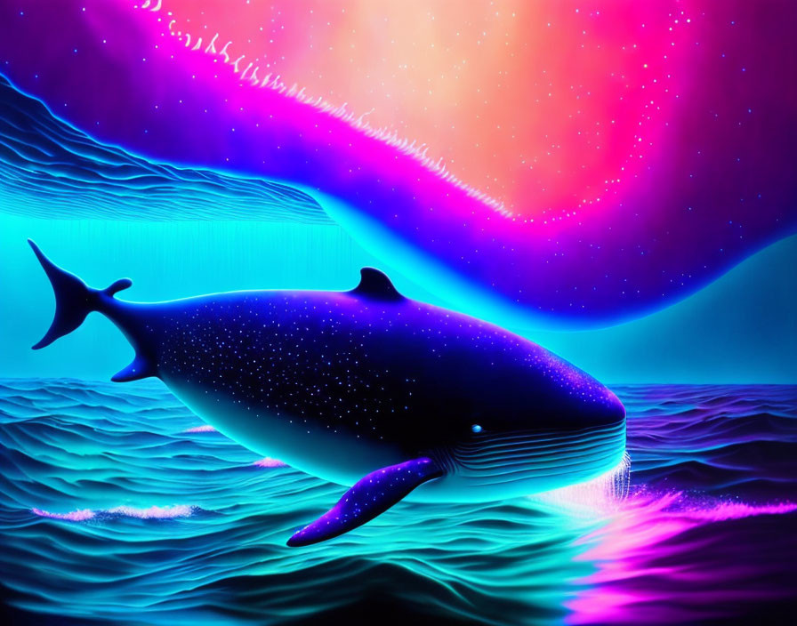 Whale swimming under vibrant starry sky and aurora lights