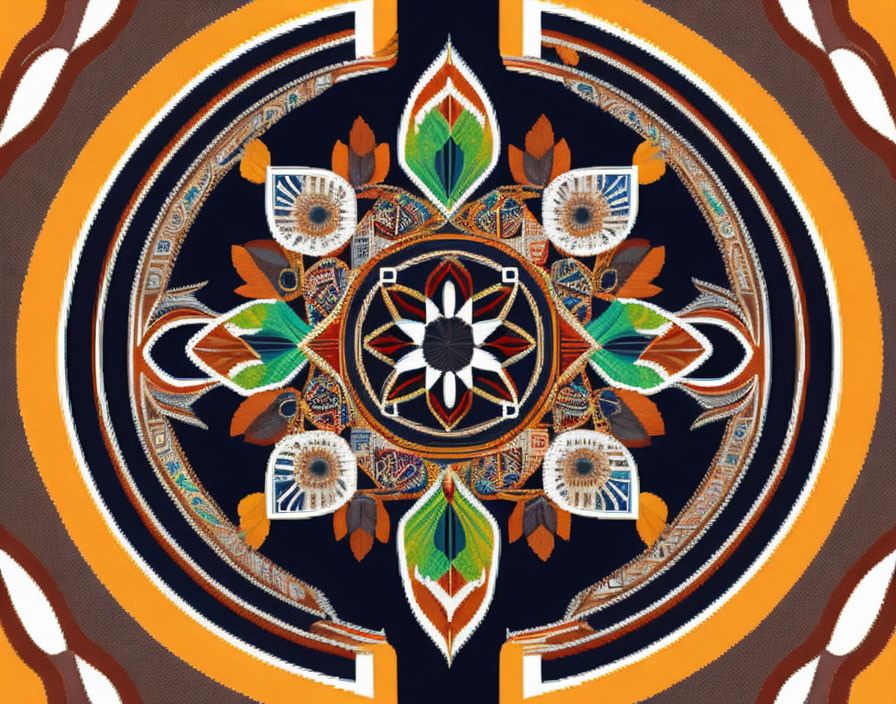 Symmetrical floral and geometric mandala in vibrant colors on dark background