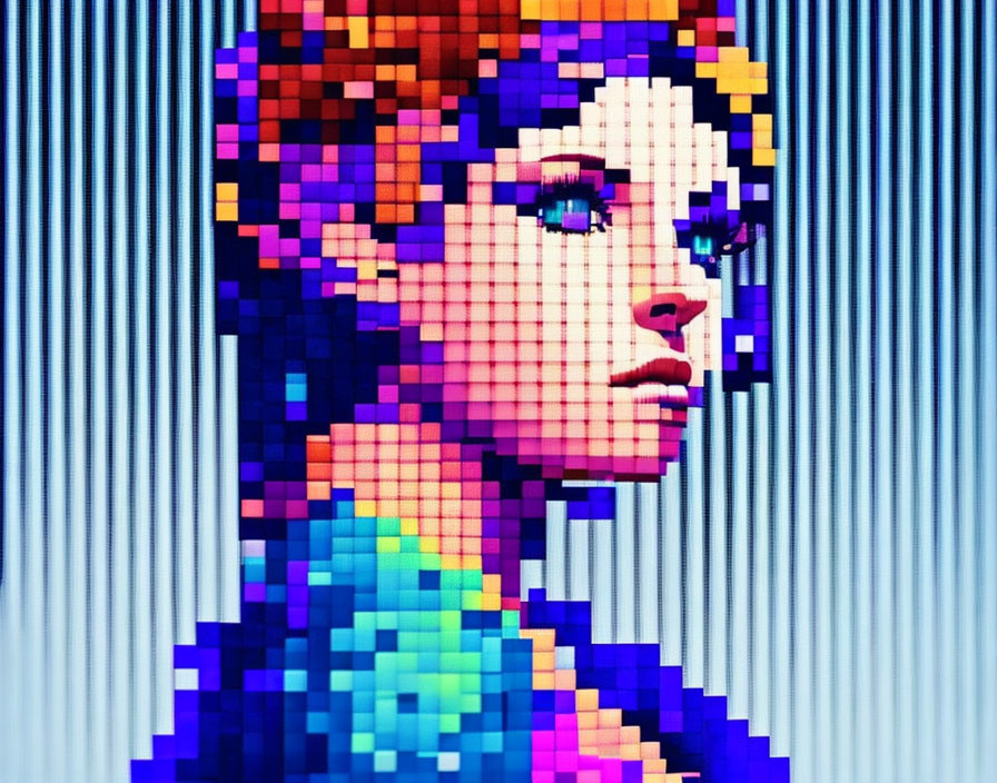 Colorful pixel art portrait of a woman with blue eyes and vibrant hair against a striped backdrop