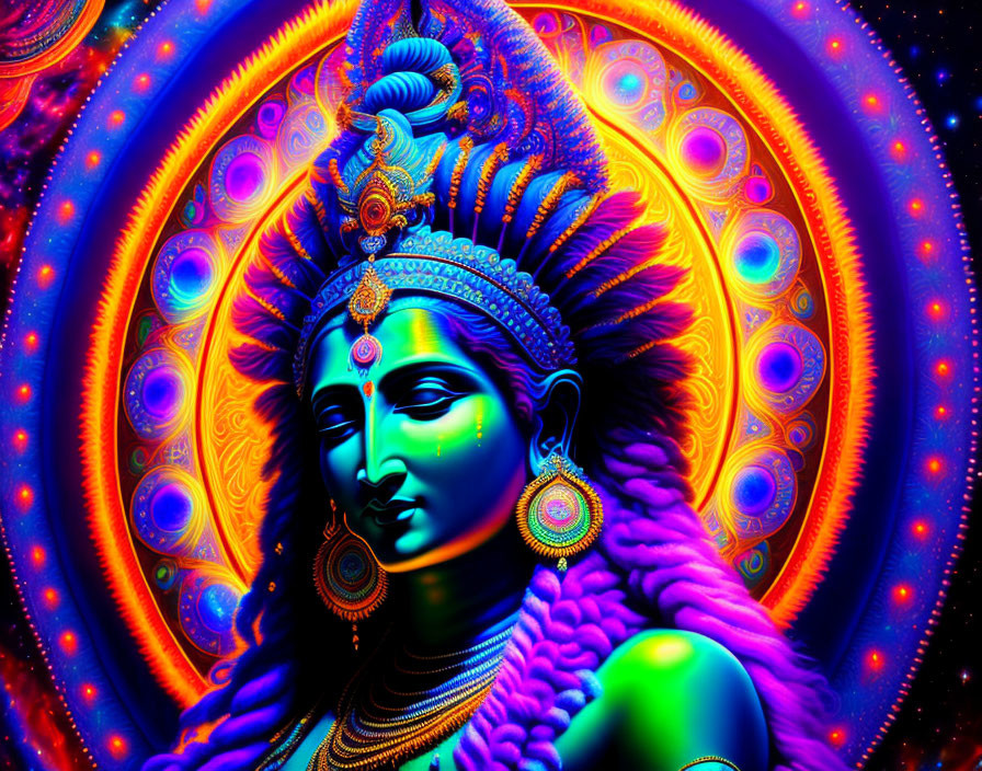 Psychedelic Hindu deity digital artwork with multiple arms