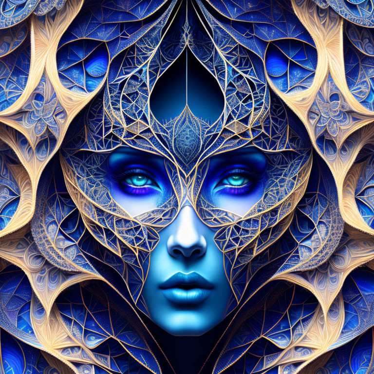 Symmetrical Fractal Design of Blue-Faced Woman in Blue and Gold