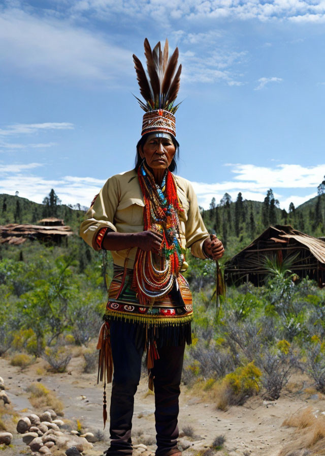 Indigenous person in feathered headdress in natural landscape