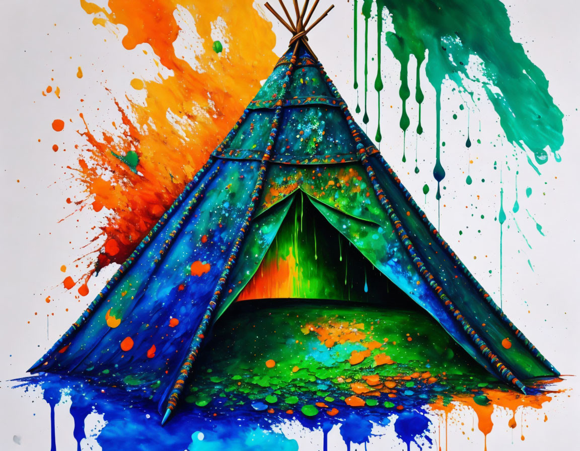 Colorful Teepee Painting with Cosmic Design on White Background