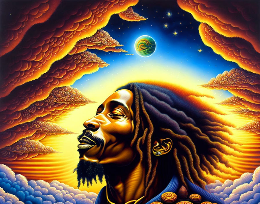 Colorful Psychedelic Illustration of Man with Dreadlocks in Celestial Setting