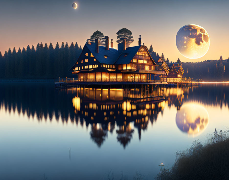 Spacious lakeside house illuminated at twilight with moon and forest silhouette